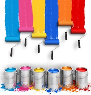 塗料缶、ローラー、壁、塗装